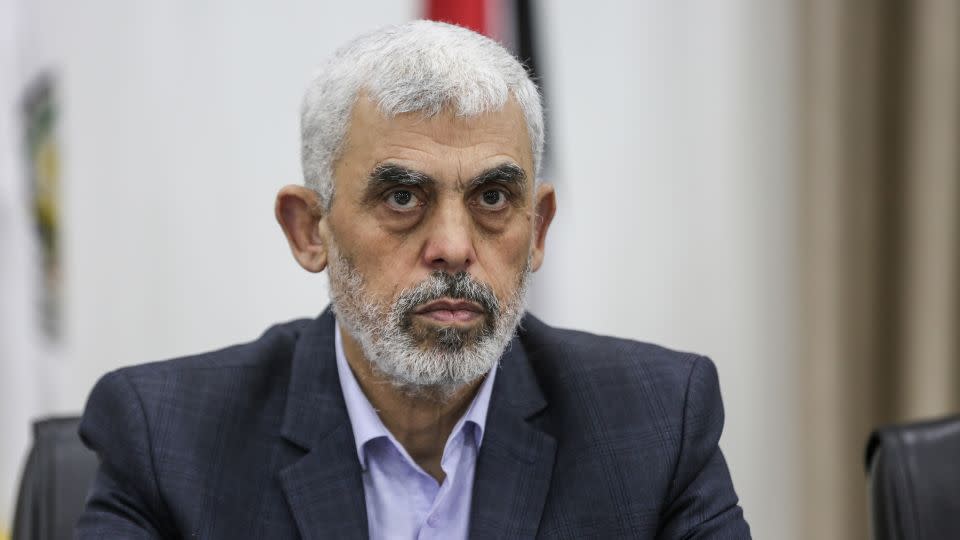 The head of Hamas in Gaza, Yahya Sinwar, attends a meeting with members of Palestinian groups in Gaza City on April 13, 2022. - Ali Jadallah/Anadolu Agency/Getty Images