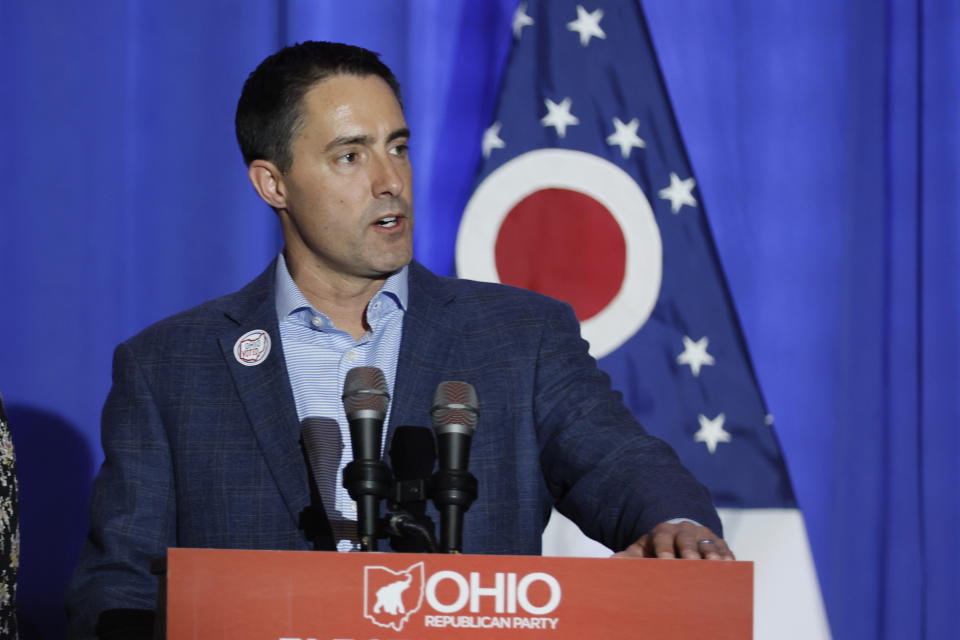 Republican Ohio Sec. of State Frank LaRose speaks during an election night watch party, Nov. 8, 2022, in Columbus, Ohio. LaRose is running for the U.S. Senate. The Republican’s announcement Monday, July 17, 2023 makes him the fourth Republican vying to unseat third-term Democrat Sherrod Brown. (AP Photo/Jay LaPrete, File)