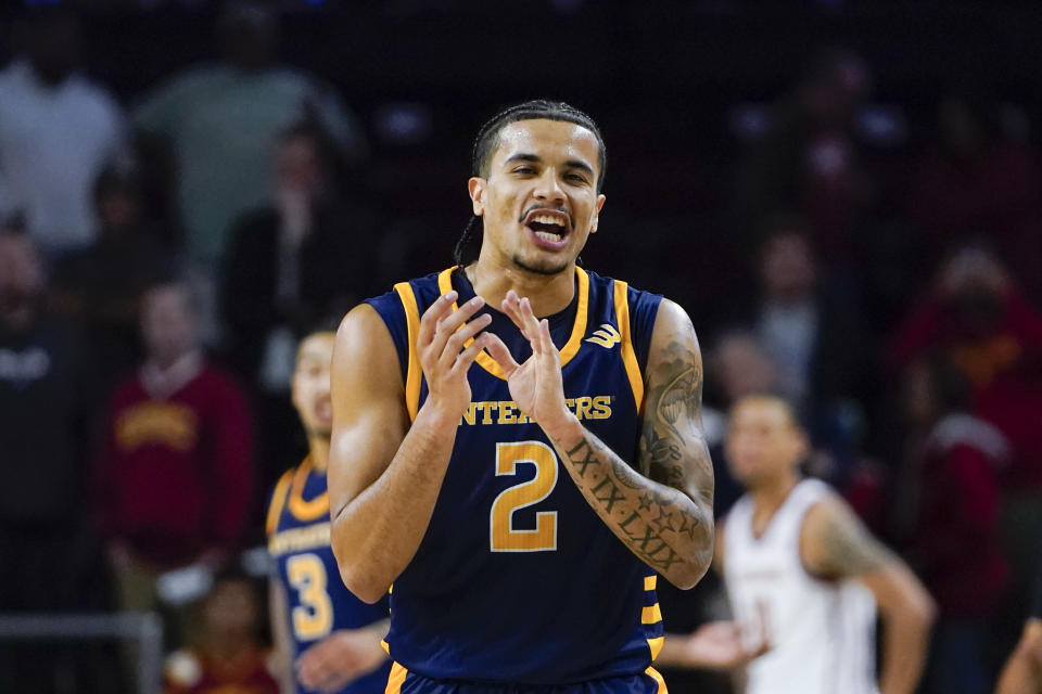 UC Irvine guard Justin Hohn reacts during the second half of the team's NCAA college basketball game against Southern California, Tuesday, Nov. 14, 2023, in Los Angeles. (AP Photo/Ryan Sun)