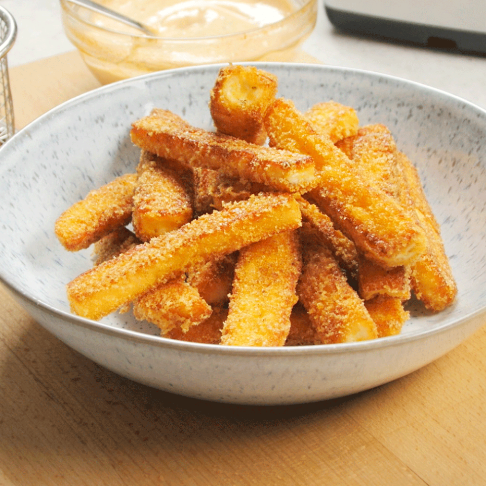 <p>Our halloumi fries recipe has a secret ingredient, cheesy crisps. We used Wotsits for the crispy coating and an easy harissa dip.</p><p><strong>Recipe: <a href="https://www.goodhousekeeping.com/uk/food/recipes/a579310/halloumi-fries/" rel="nofollow noopener" target="_blank" data-ylk="slk:Halloumi fries;elm:context_link;itc:0;sec:content-canvas" class="link ">Halloumi fries</a></strong></p>