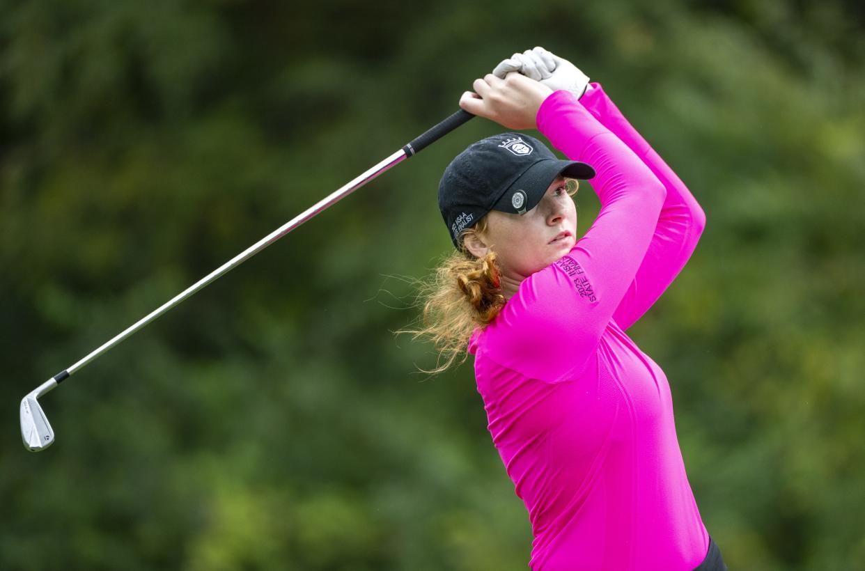 Penn High School senior Delaney Wade tees off during the first day of the IHSAA Girlsâ€™ Golf State Finals, Friday, Sept. 29, 2023, at Prairie View Golf Club.