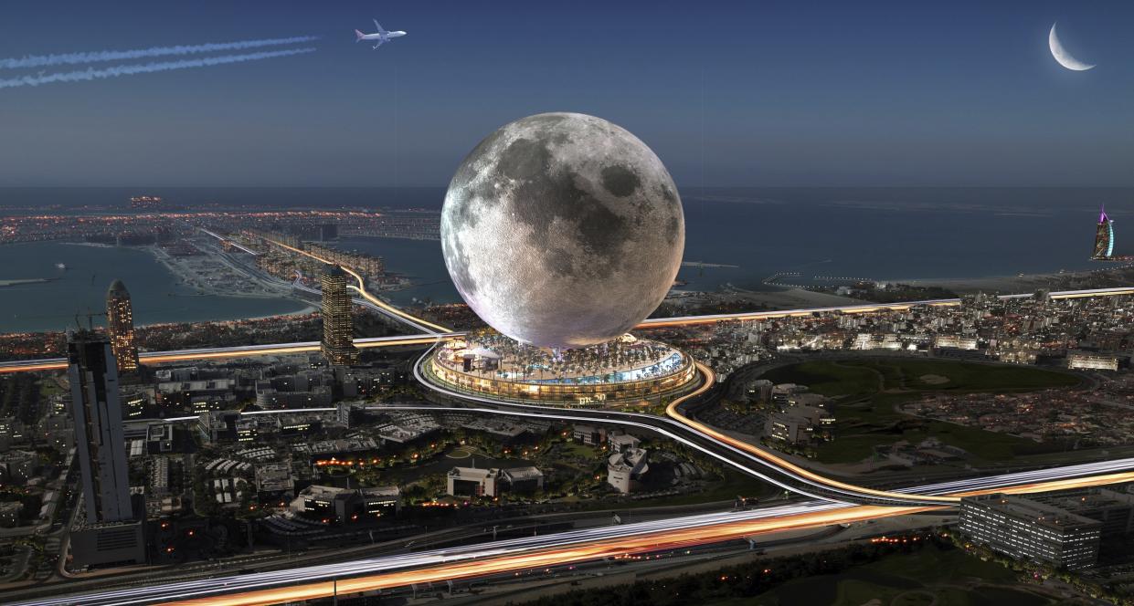 This artist rendering shows the $5 billion project, MOON envisioned on the Dubai Pearl, a coveted plot of land at the base of The Palm Jumeirah. (Michael Henderson/Moon World Resorts via AP)