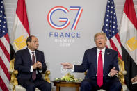 President Donald Trump and Egyptian President Abdel Fattah al-Sisi, left, participate in a bilateral meeting at the G-7 summit in Biarritz, France, Monday, Aug. 26, 2019. (AP Photo/Andrew Harnik)