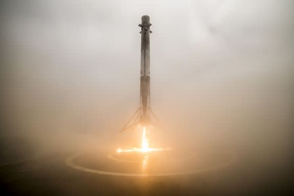 A Falcon 9 rocket booster landing on a SpaceX droneship in June 2017.