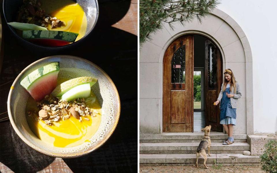 From left: a dish at the Cabeça da Cabra inn; Maria Santos, the inn's owner, with her dog, Lucky. | From left: Filipe Lucas Frazão/Cabeça da Cabra; Marina Denisova/Cabeça da Cabra