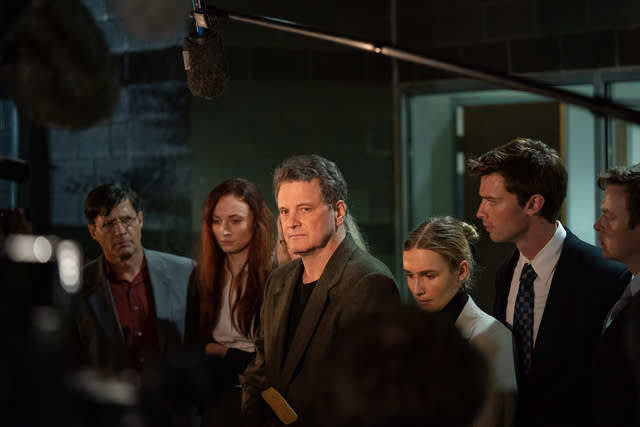 From left: Tim Guinee, Sophie Turner, Colin Firth, Olivia DeJonge, Patrick Schwarzenegger in 'The Staircase'<span class="copyright">HBO Max</span>