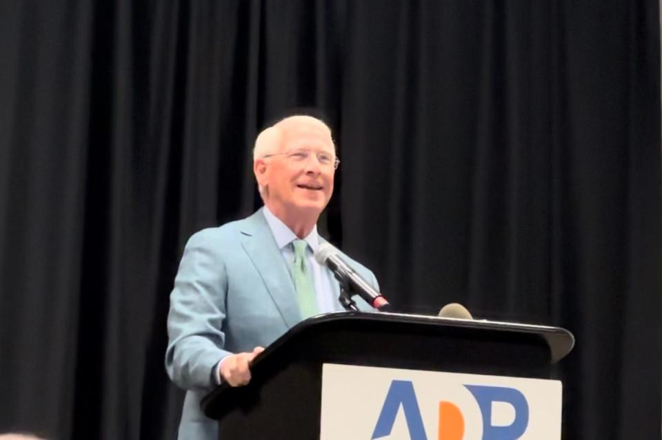 Sen. Roger Wicker, R-Mississippi, talks to members of the Area Development Partnership about his support of economic growth, higher education, infrastructure projects and a stronger military during a luncheon Friday, Aug. 4, 2023, at Southern Oaks House and Garden in Hattiesburg, Miss.