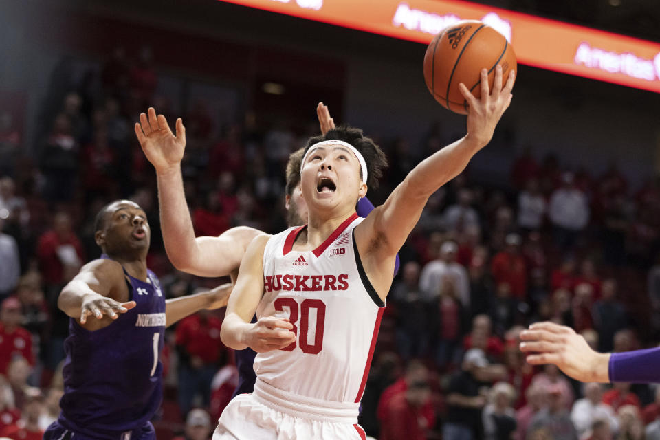 FILE - Nebraska's Keisei Tominaga (30), of Japan, shoots during the first half of an NCAA college basketball game against Northwestern on Jan. 25, 2023, in Lincoln, Neb. Nebraska head coach Fred Hoiberg's biggest offseason win came in May when 3-point shooting star Keisei Tominaga decided to return to Nebraska rather than enter the NBA draft. (AP Photo/Rebecca S. Gratz, File)