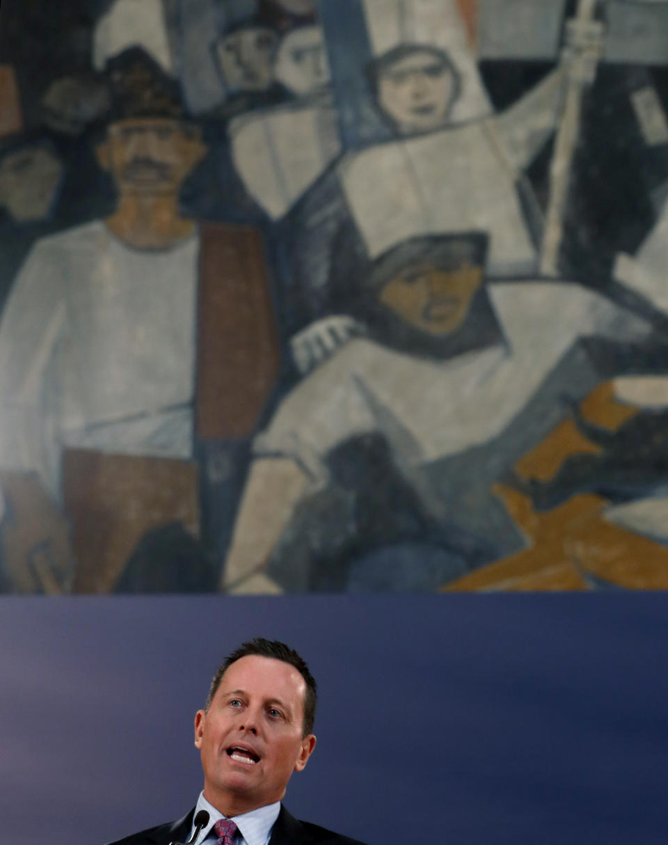 U.S. President Donald Trump's envoy for the Kosovo-Serbia dialogue, Ambassador Richard Grenell speaks during a press conference after a meeting with Serbian President Aleksandar Vucic in Belgrade, Serbia, Friday, Jan. 24, 2020. Grenell is meeting Serbian President Vucic in order to move the dialogue and normalize relations between the two sides.(AP Photo/Darko Vojinovic)