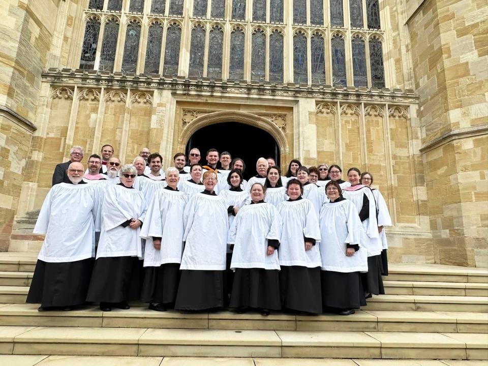 The St. Stephen’s Choir stands outside St. George’s Chapel, Windsor Castle.