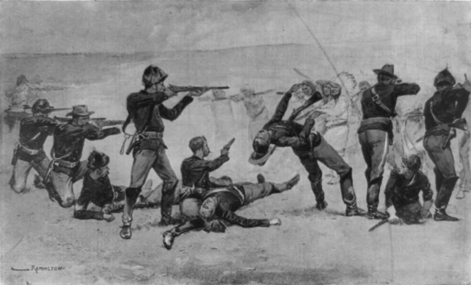 Opening of the Massacre at Wounded Knee, South Dakota, 29 December 1890. US Seventh Cavalry in battle with Lakota Sioux Native American.