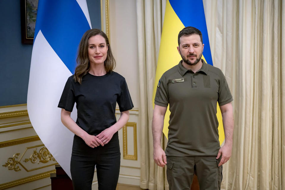 In this handout photo provided by the Ukrainian Presidential Press Office, Ukrainian President Volodymyr Zelenskyy, right, meets with Finnish Prime Minister Sanna Marin in Kyiv, Ukraine, Thursday, May 26, 2022. (Ukrainian Presidential Press Office via AP)