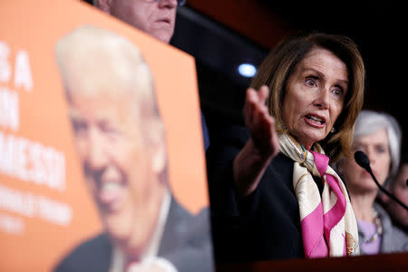 House Minority Leader Nancy Pelosi (D-CA) speaks during a news conference after President Donald Trump and the U.S. Congress failed to reach a deal on funding for federal agencies on Capitol Hill in Washington, U.S., January 20, 2018. REUTERS/Joshua Roberts