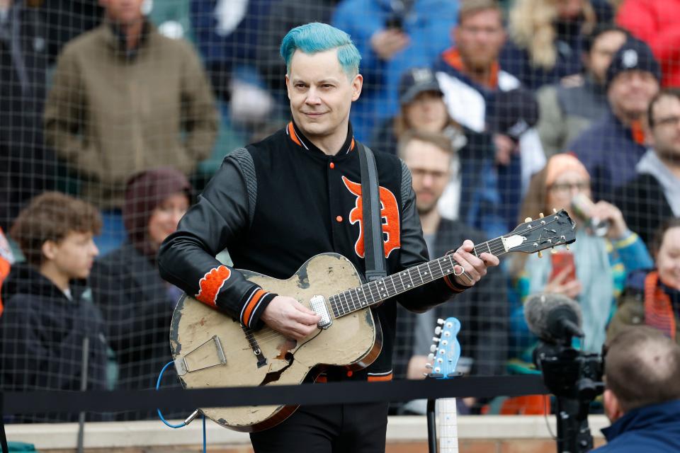Jack White performs the national anthem before the Detroit Tigers' game on April 8, 2022 against the Chicago White Sox.