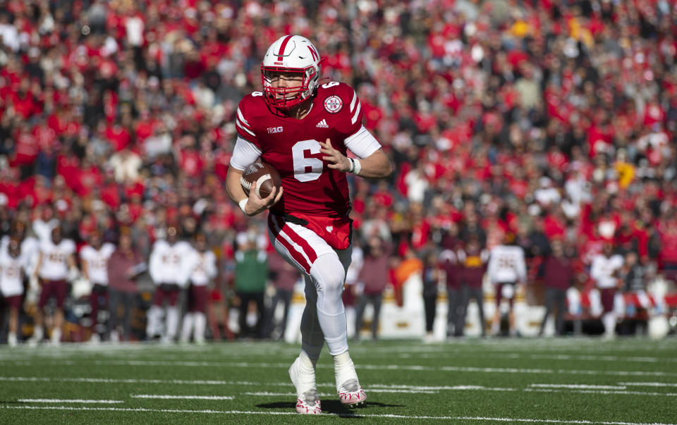 Nebraska quarterback Chubba Purdy (6) runs in a touchdown against Minnesota during the first half of an NCAA college football game Saturday, Nov. 5, 2022, in Lincoln, Neb. (AP Photo/Rebecca S. Gratz)