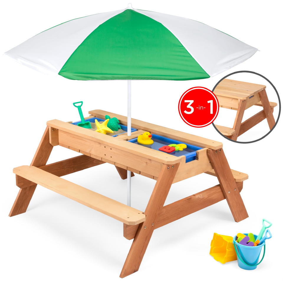 <p><a href="https://go.redirectingat.com?id=74968X1596630&url=https%3A%2F%2Fwww.walmart.com%2Fip%2FBest-Choice-Products-Kids-3-in-1-Outdoor-Convertible-Wood-Activity-Sand-Water-Picnic-Table-w-Umbrella-Green%2F381887244&sref=https%3A%2F%2Fwww.womansday.com%2Fhome%2Fg60523584%2Fbest-kids-picnic-tables%2F" rel="nofollow noopener" target="_blank" data-ylk="slk:Shop Now;elm:context_link;itc:0;sec:content-canvas" class="link ">Shop Now</a></p><p>3-in-1 Sand & Water Activity Table</p><p>walmart.com</p><p>$99.99</p>