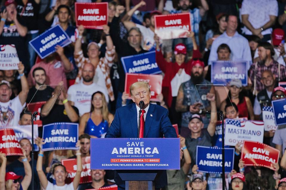 Former US President Donald Trump during a rally in Wilkes-Barre, Pennsylvania, US, on Saturday, Sept. 3, 2022. Trump&nbsp;used a Pennsylvania rally to vent his anger at an FBI search of his Florida home and President&nbsp;Joe Bidens attack on political extremism, staking his claim as his successors election rival in 2024.