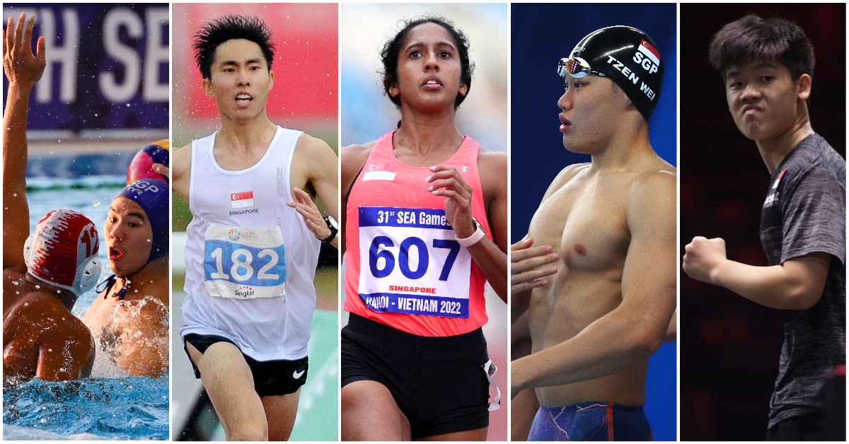 Singapore athletes to look out for at the 2023 SEA Games: (from left) men's water polo team, long-distance runner Soh Rui Yong, sprinter Shanti Pereira, swimmer Teong Tzen Wei and paddler Izaac Quek. (FILE PHOTOS: Reuters/Getty Images/SNOC/WTT)