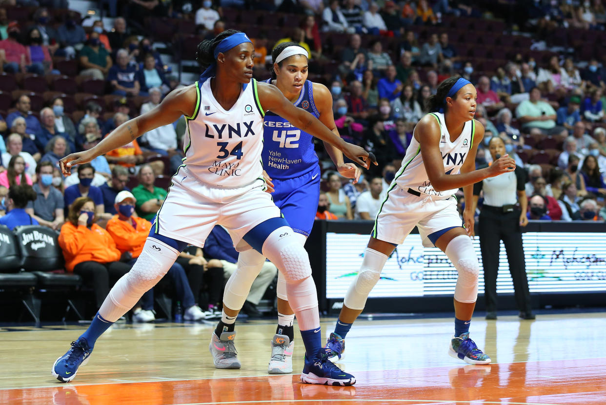 Lynx center Sylvia Fowles (34) and forward Napheesa Collier (24) are the biggest reasons why Minnesota could reasonably make the WNBA Finals. (M. Anthony Nesmith/Icon Sportswire via Getty Images)