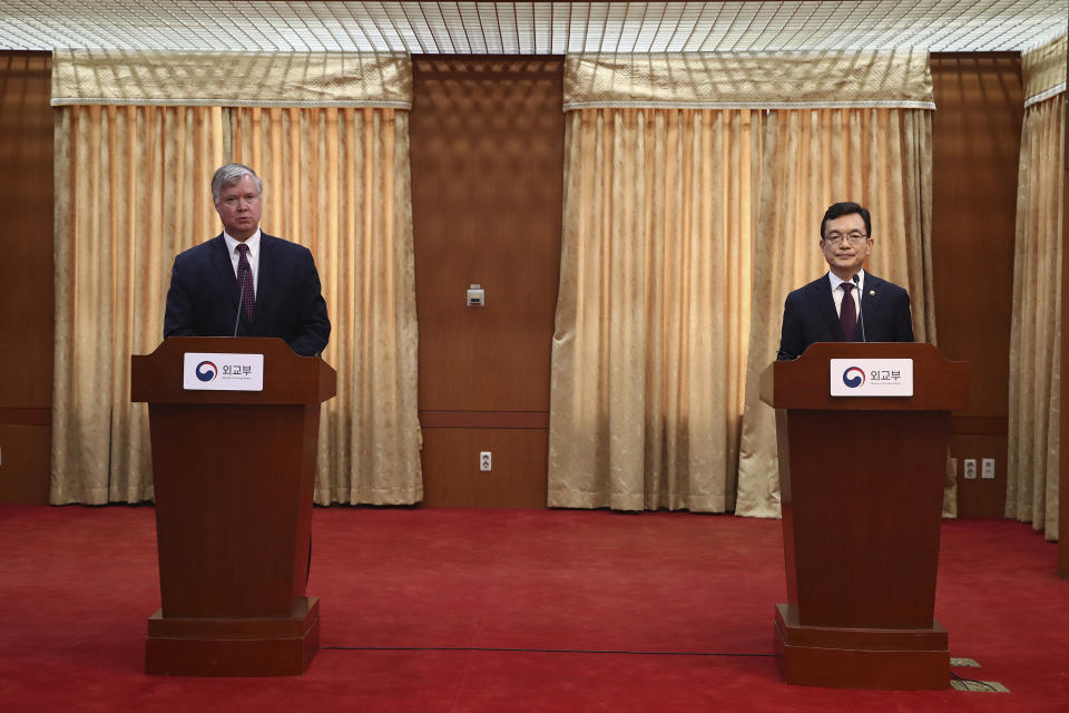 U.S. Deputy Secretary of State Stephen Biegun, left, and South Korea's First Vice Foreign Minister Cho Sei-young attend a news briefing after their meeting at the foreign ministry in Seoul Wednesday, July 8, 2020. Biegun is in Seoul to hold talks with South Korean officials about allied cooperation on issues including North Korea. (Chung Sung-jun/Pool Photo via AP)