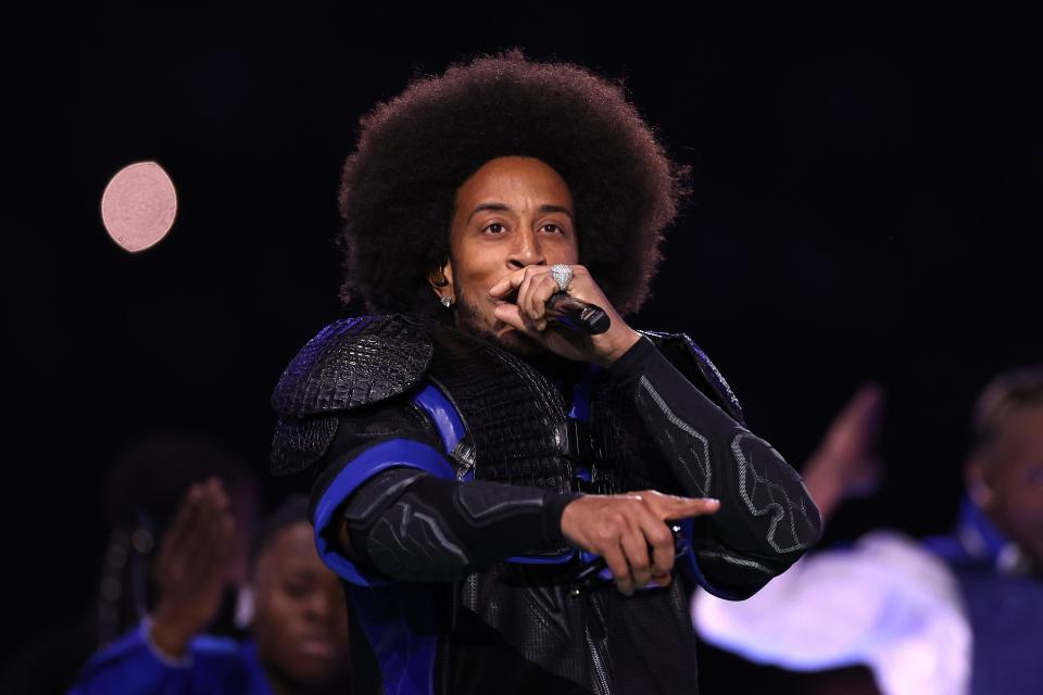 Ludacris performs onstage during the Apple Music Super Bowl LVIII Halftime Show at Allegiant Stadium on February 11, 2024 in Las Vegas, Nevada.