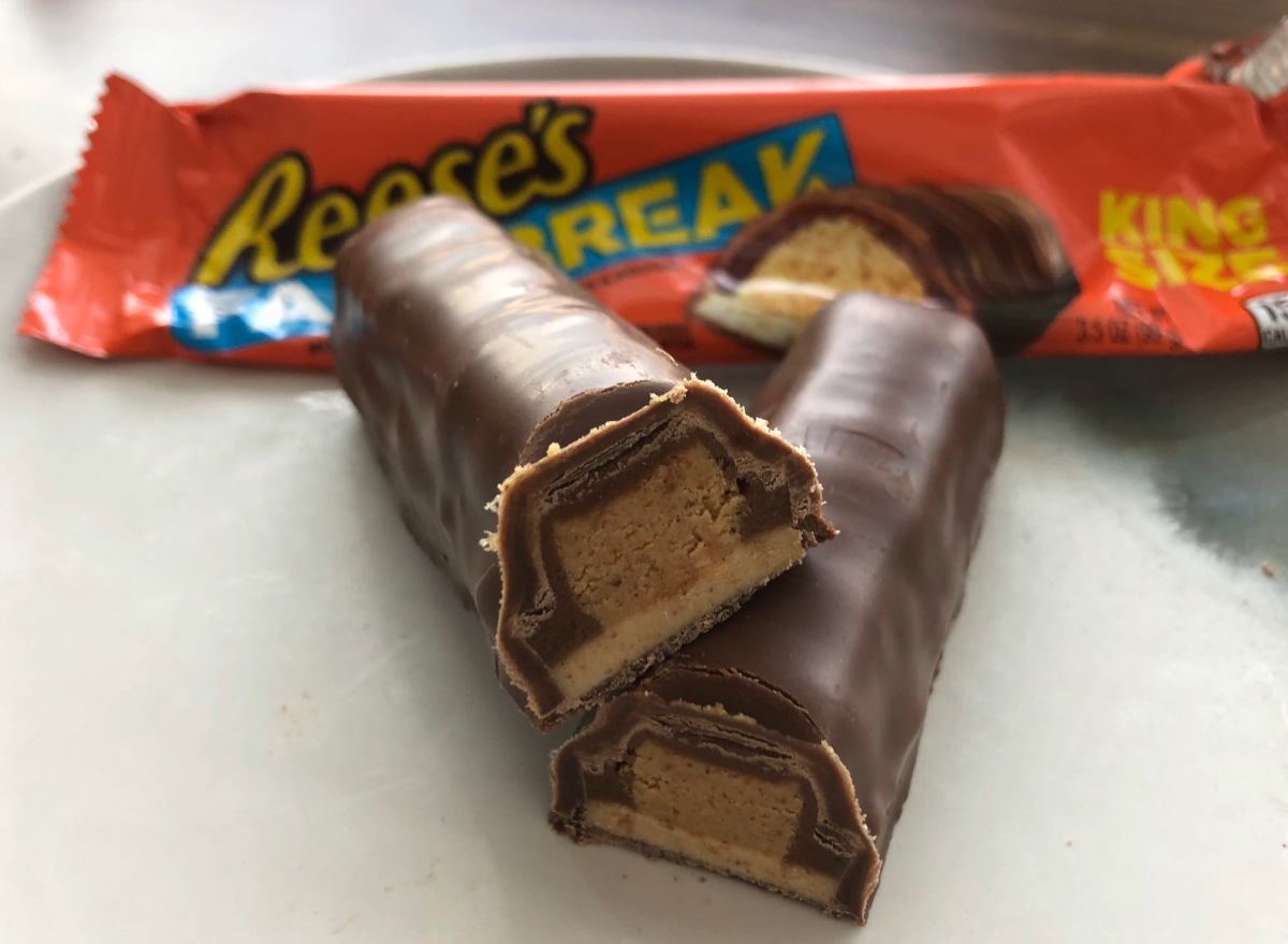 reeses fast break candy bar broken open.