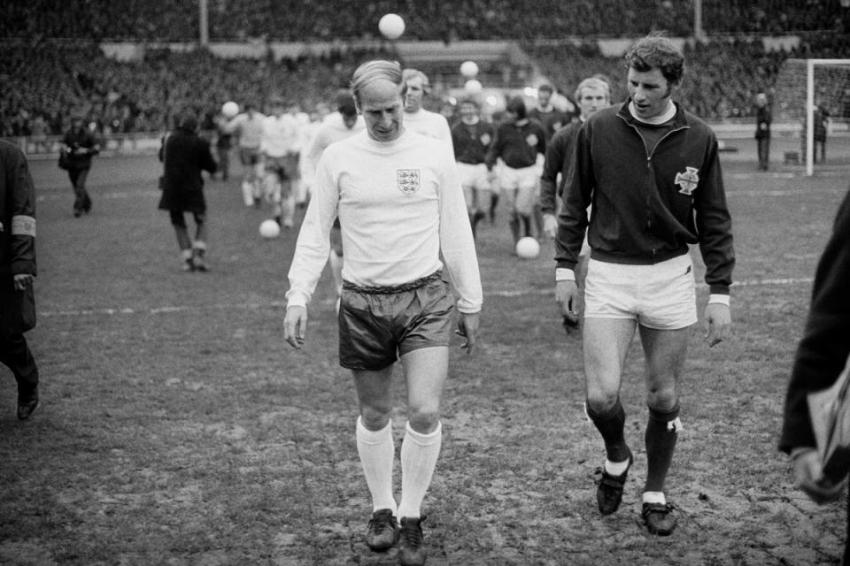 Sir Bobby Charlton winning his 100th England cap (PA)