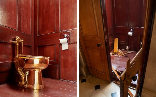 The golden lavatory (left) and the scene of the crime (right) - Tom Lindboe/Blenheim Art Foundation/PA