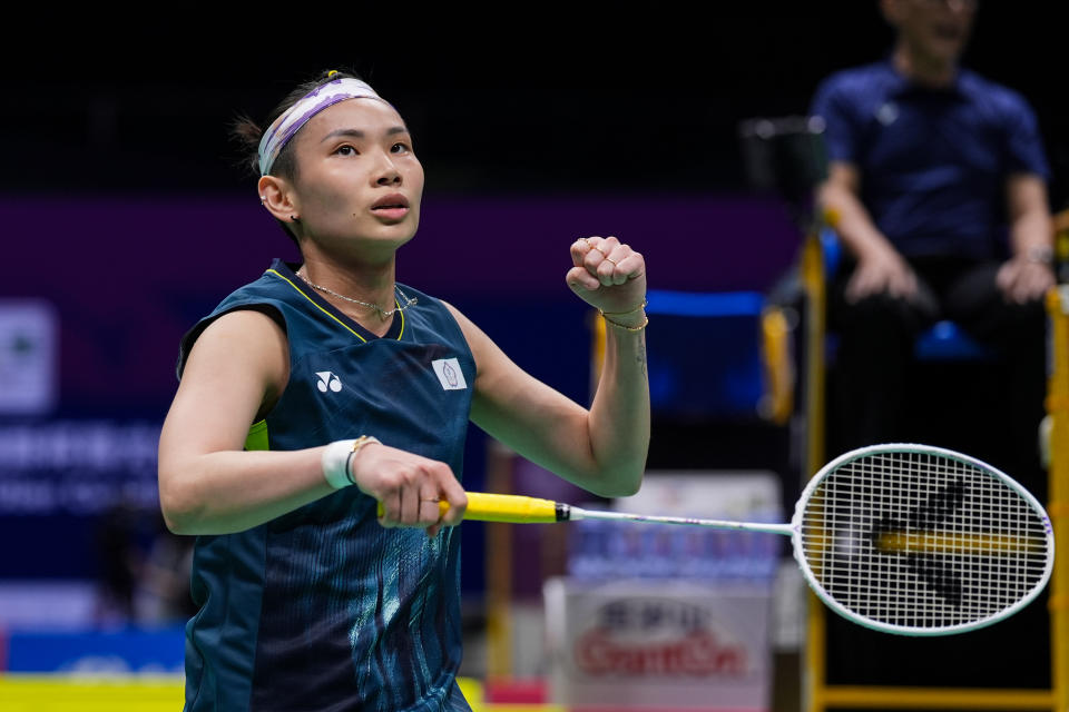 CHENGDU, CHINA - APRIL 28: Tai Tzu Ying of Chinese Taipei celebrates the victory in the Women's Singles Round Robin match against Goh Jin Wei of Malaysia during day two of the Thomas & Uber Cup Finals 2024 at Chengdu High-tech Sports Centre on April 28, 2024 in Chengdu, China.  (Photo by Shi Tang/Getty Images)