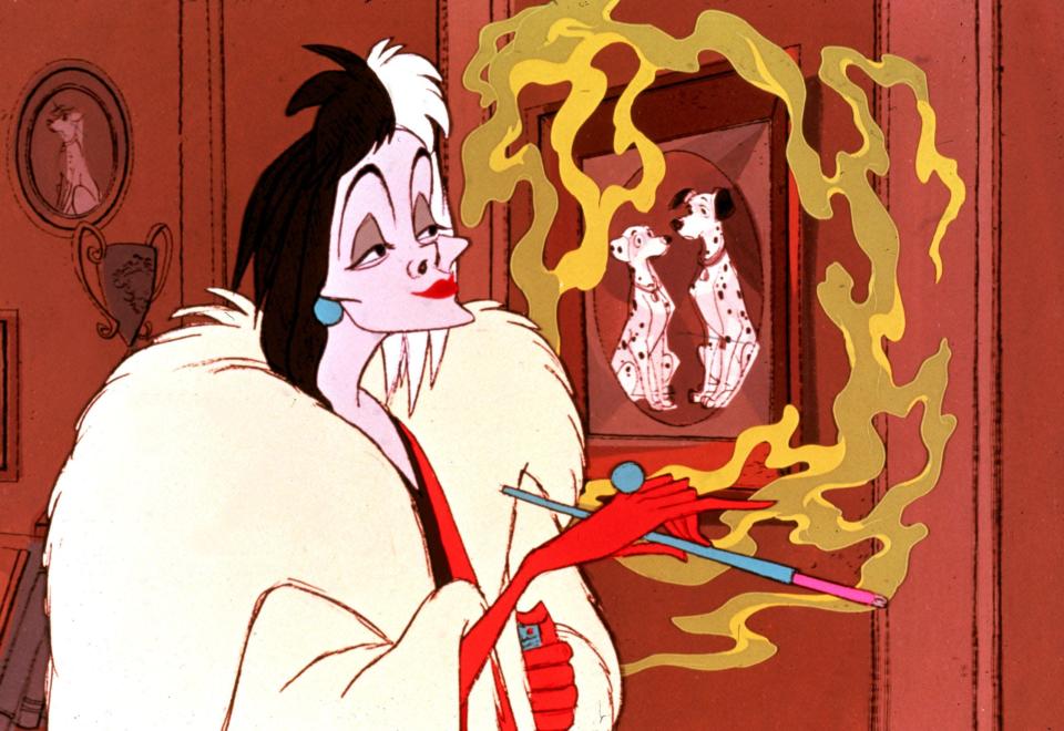 The original Cruella de Vil animation accessorized with a long cigarette holder - a prop that the live action of 2021 "Cruella"  done without.