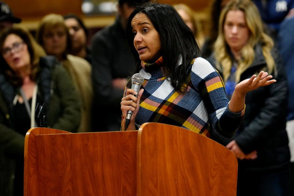 Patricia Marquez addresses the Lincoln Park Board of Education, Tuesday March 19, 2024. Marquez said she moved to Lincoln Park from Passaic in 2021. Marquez now has to pay for some services that she got for free in Passaic but said she thought it was worth it if her middle school student would get a better education. She now worries if the school system will decline because of potential economic cuts.