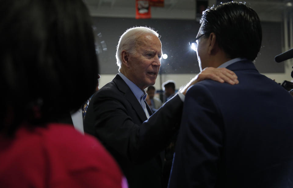 Former Vice President and Democratic presidential candidate Joe Biden meets with people at a campaign event, Saturday, Nov. 16, 2019, in Las Vegas. (AP Photo/John Locher)