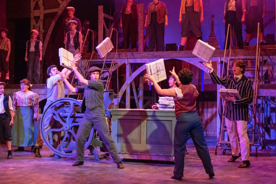 The newsies put out their own "papes" declaring their strike in the Disney musical "Newsies" at Weathervane Playhouse.