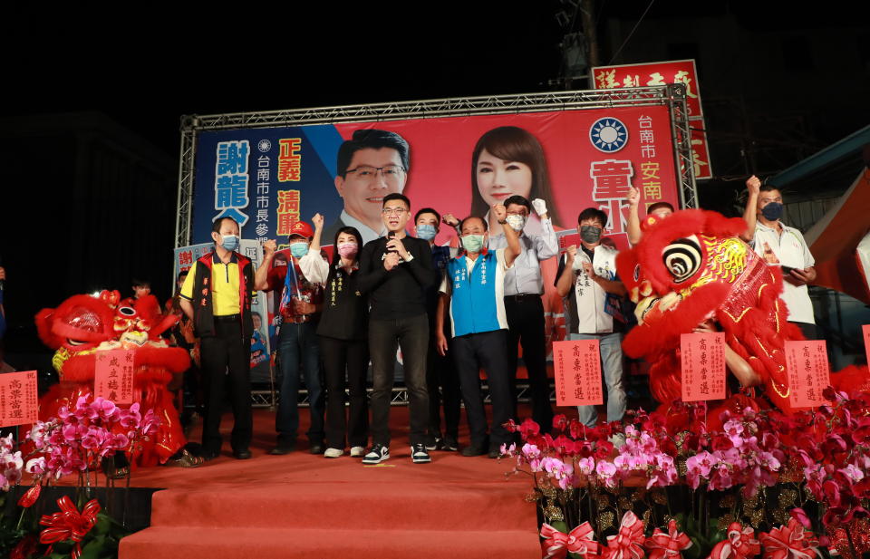 前中國國民黨主席江啟臣專程南下為童小芸站台。（記者陳俊文攝）
