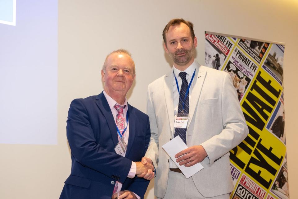 Tristan Kirk with Private Eye Ian Hislop after winning this year’s Paul Foot Award for Campaigning and Investigative Journalism (Philippa Gedge)