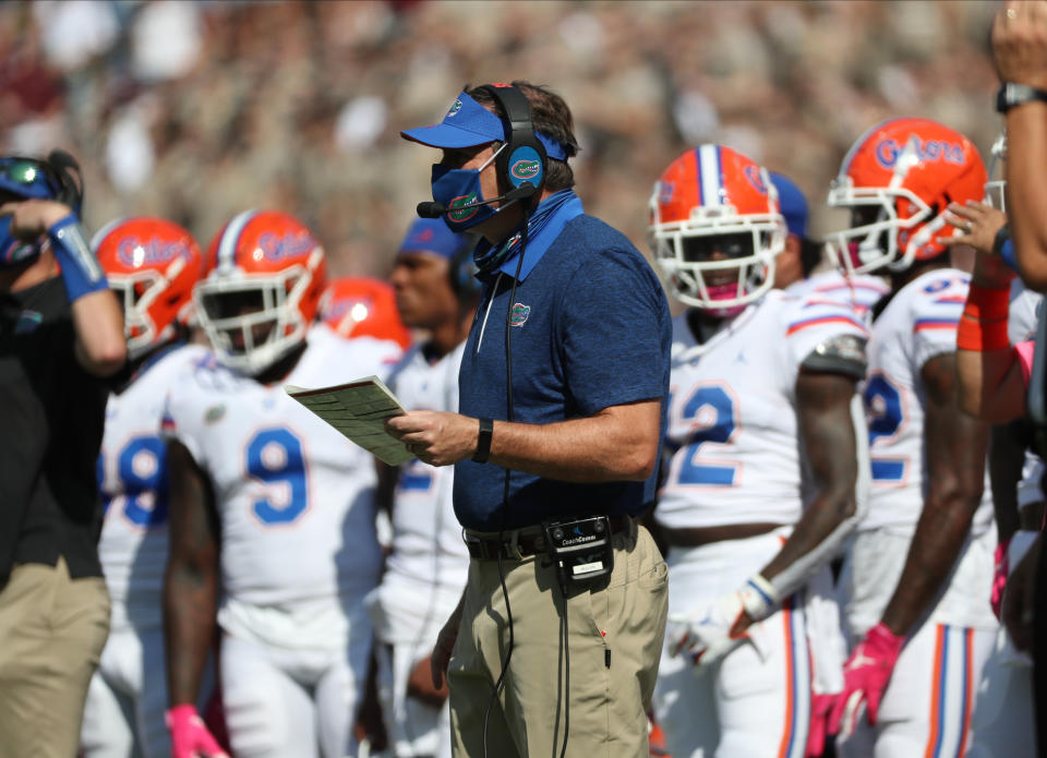 Head Coach Dan Mullen of the Florida Gators on the sideline during the first half of the game against the Texas A&M Aggies.