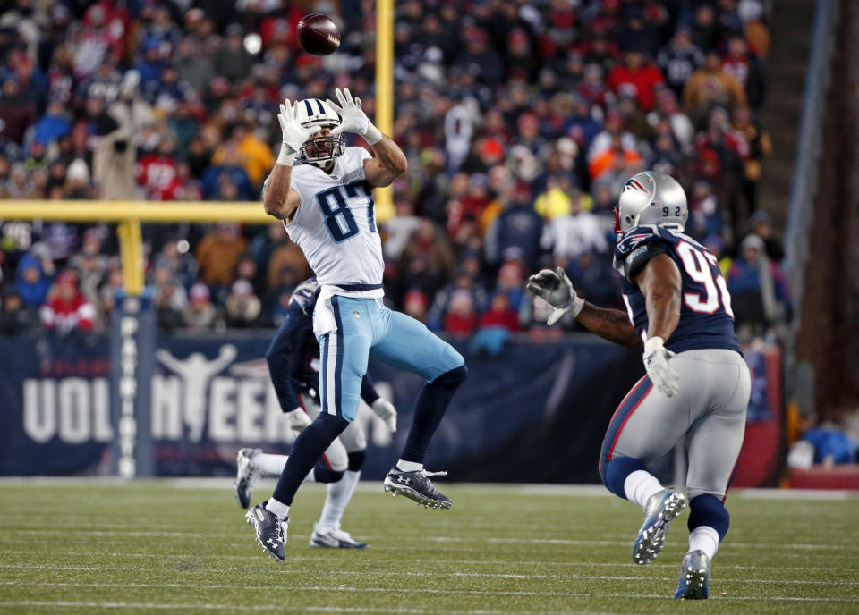 James Harrison zeroes in on Titans wide receiver Eric Decker in Saturday's victory for the Patriots. (AP) 