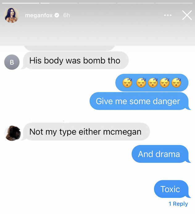 megan's texts that she want's some danger and drama and for the man to be toxic