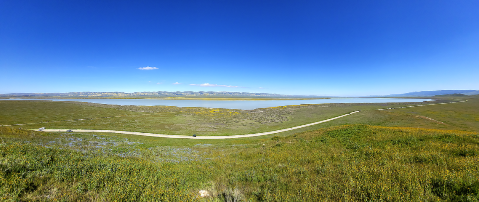 A panoramic view of Soda Lake Road and a full Soda Lake on April 1, 2023.