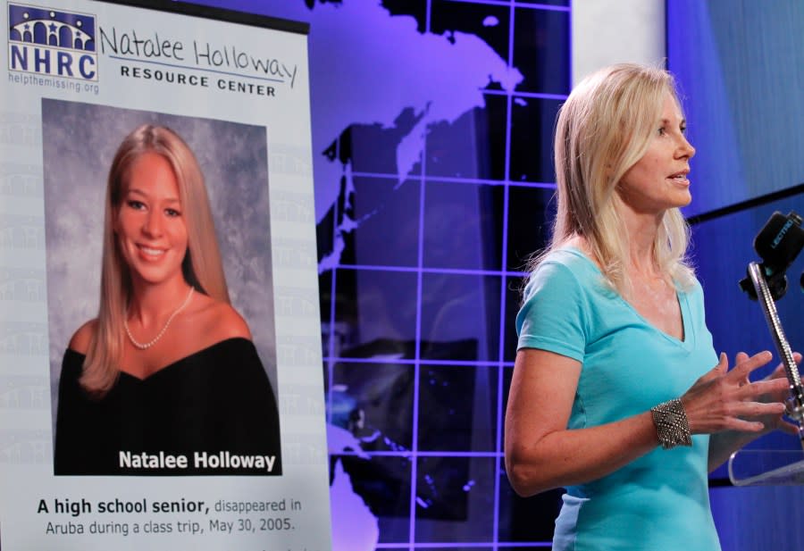 FILE – Beth Holloway, mother of Natalee Holloway, speaks during the opening of the Natalee Holloway Resource Center (NHRC) at the National Museum of Crime & Punishment in Washington, June 8, 2010. (AP Photo/Pablo Martinez Monsivais, File)