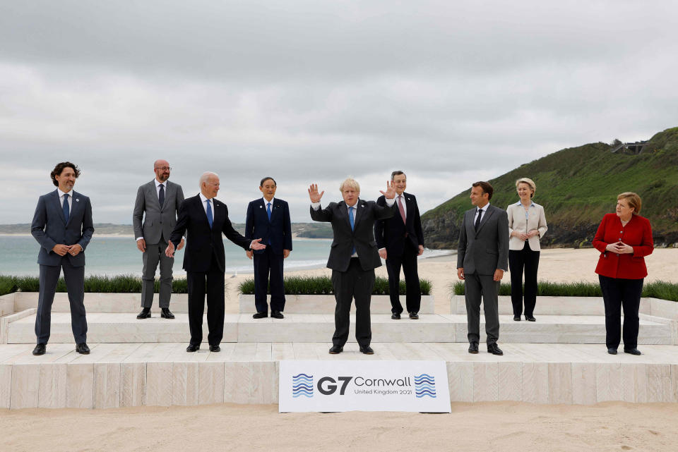 Image: G7 leaders from Canada, France, Germany, Italy, Japan, the UK and the United States meet this weekend for the first time in nearly two years, for three-day talks in Carbis Bay, Cornwall. (Ludovic Marin / AFP - Getty Images)