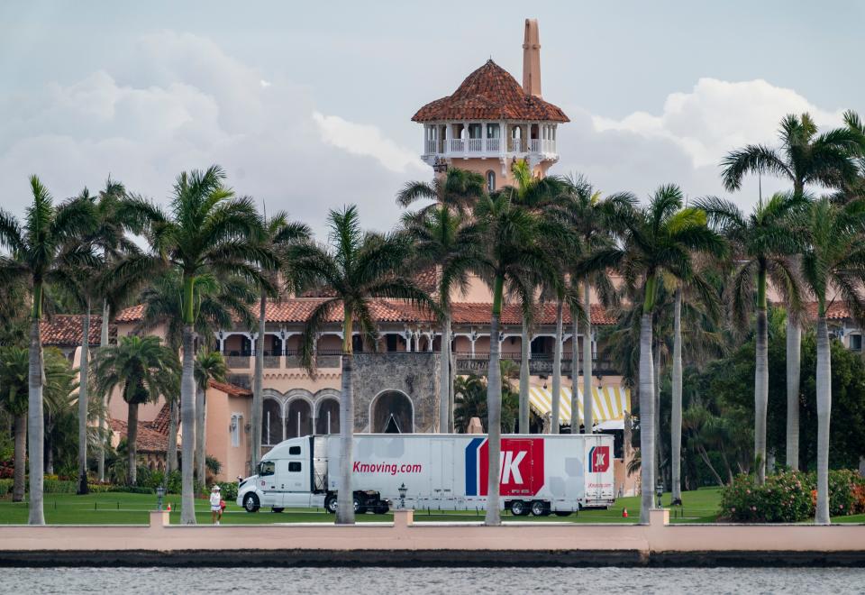 A moving truck is parked outside Mar-a-Lago in Palm Beach, Florida on January 18, 2021. President Donald Trump is expected to return to his residence on Wednesday.