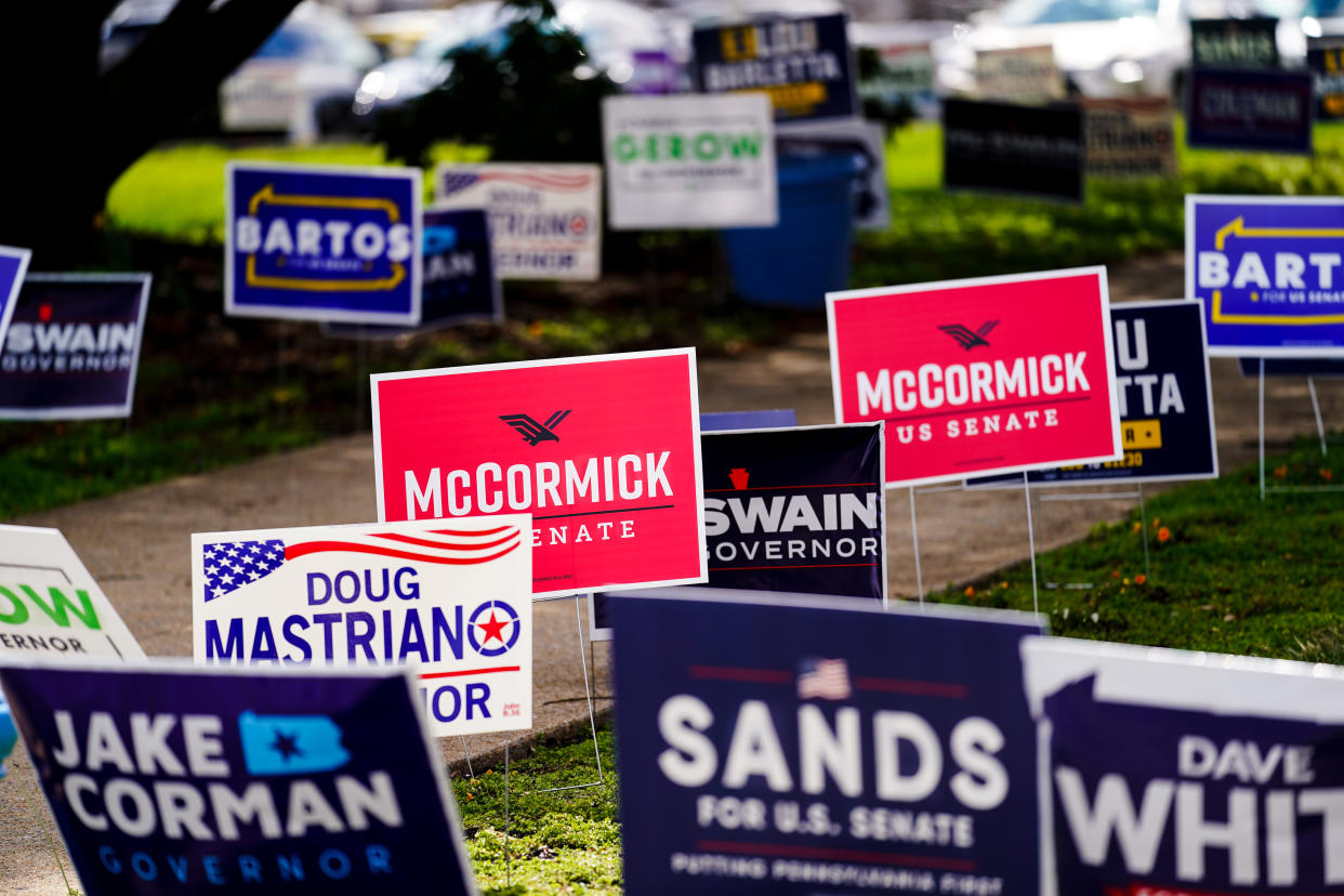 Many candidate signs outside the Pennsylvania Leadership Conference in Camp Hill, Pa., on April 1.