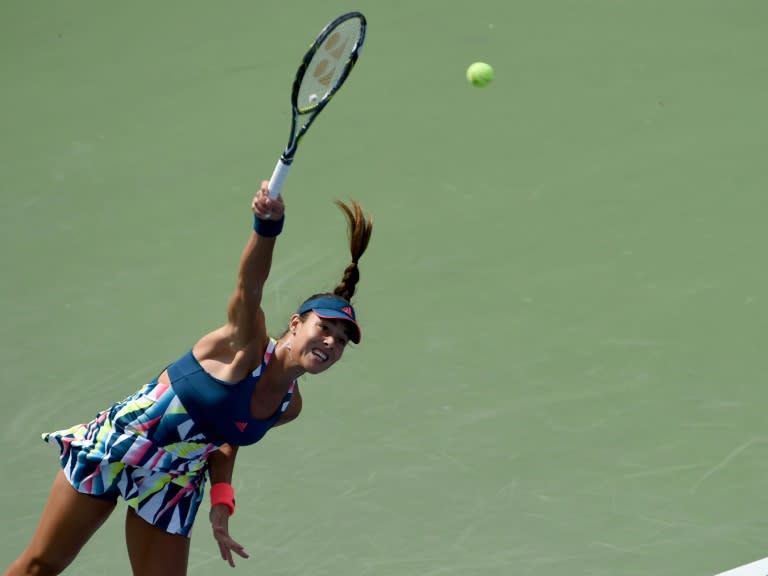 Ana Ivanovic of Serbia serves to Denisa Allertova of the Czech Republic during their 2016 US Open Women's Singles match at the USTA Billie Jean King National Tennis Center in New York on August 30, 2016