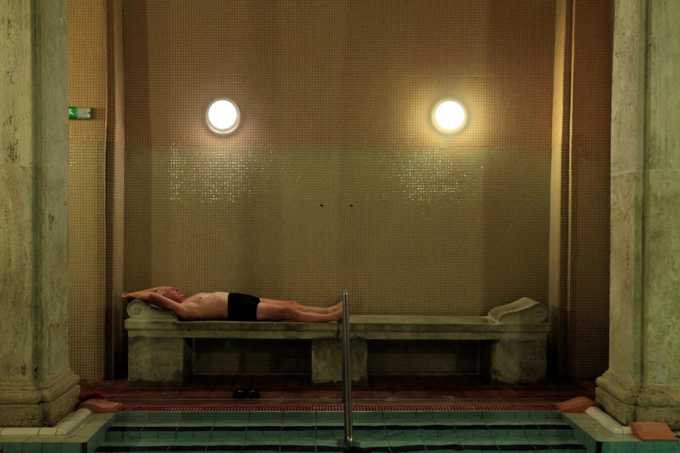 <p>A bather relaxes at the Lukacs Bath in Budapest, Hungary on June 23, 2016. (REUTERS/Bernadett Szabo) </p>