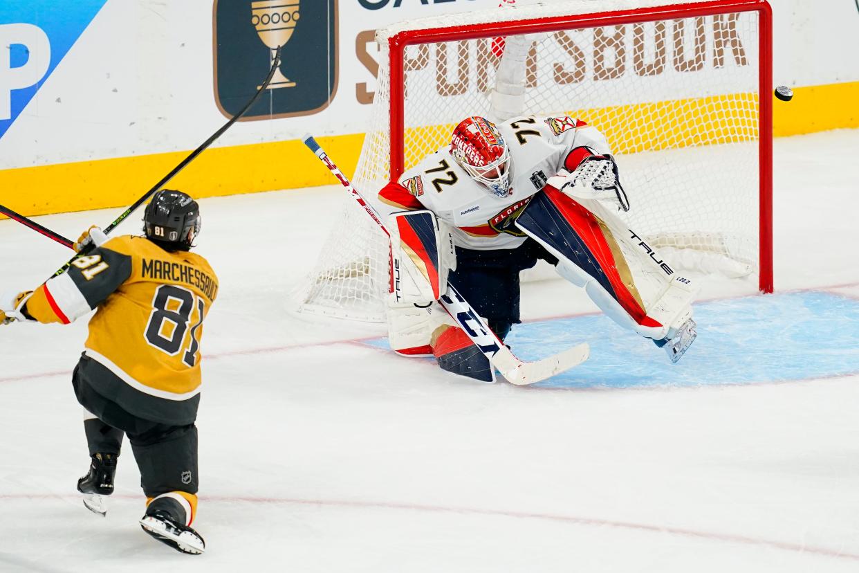 Jun 13, 2023; Las Vegas, Nevada, USA; Vegas Golden Knights forward Jonathan Marchessault (81) shoots against Florida Panthers goaltender Sergei Bobrovsky (72) during the third period in game five of the 2023 Stanley Cup Final at T-Mobile Arena. Mandatory Credit: Lucas Peltier-USA TODAY Sports