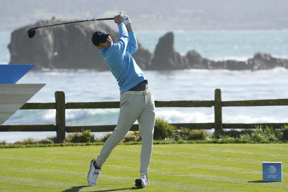 Jordan Spieth hits from the 18th tee at Pebble Beach Golf Links during the second round of the AT&T Pebble Beach National Pro-Am golf tournament in Pebble Beach, Calif., Friday, Feb. 2, 2024. (AP Photo/Eric Risberg)