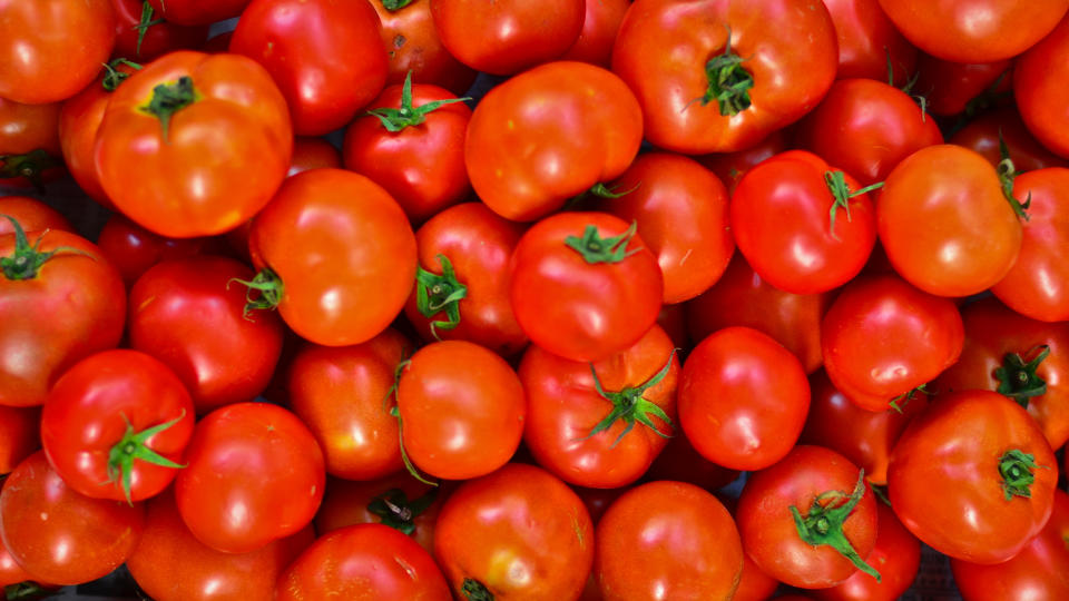 A close-up of numerous ripe red tomatoes, some with green stems, piled together