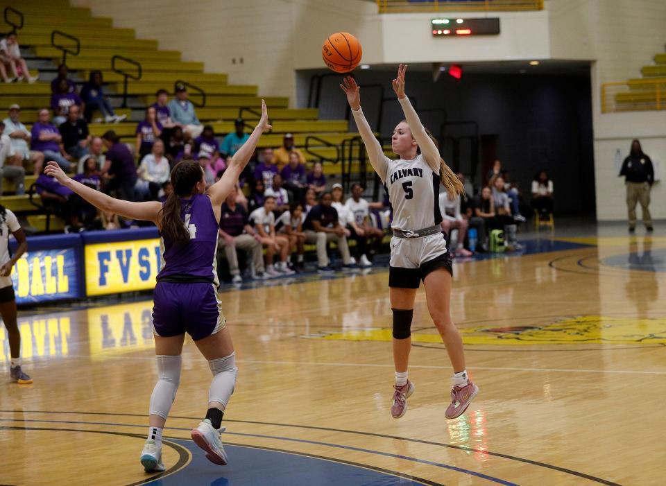 Calvary's Hannah Cail attempts a 3 pointer during the 3A semifinals against Lumpkin County on Friday March 3, 2023 at Fort Valley State University.