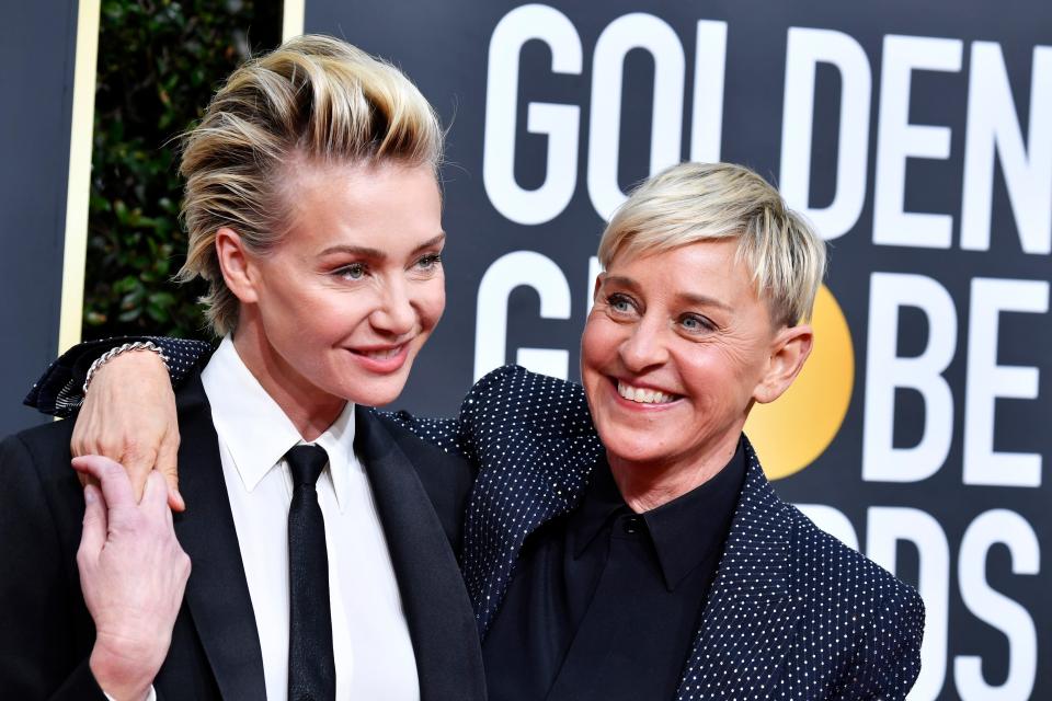 Portia de Rossi (left) went through an emergency appendectomy over the weekend, her wife Ellen DeGeneres (right) shared with viewers Tuesday.